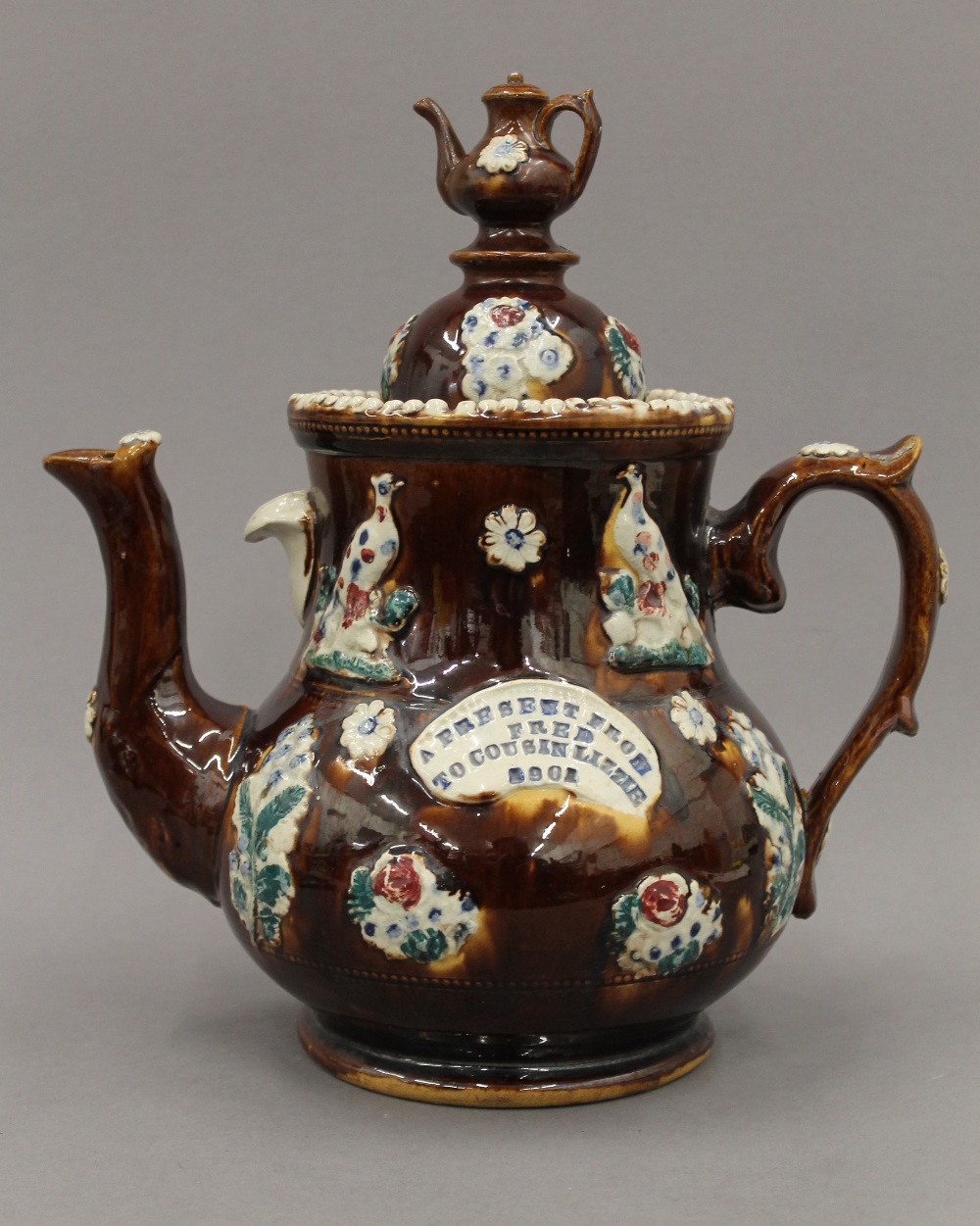 A large Edwardian pottery Barge Ware tea pot. 32.5 cm high. - Image 2 of 7