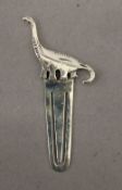 A 925 silver bookmark formed as a dinosaur. 5.5 cm high.