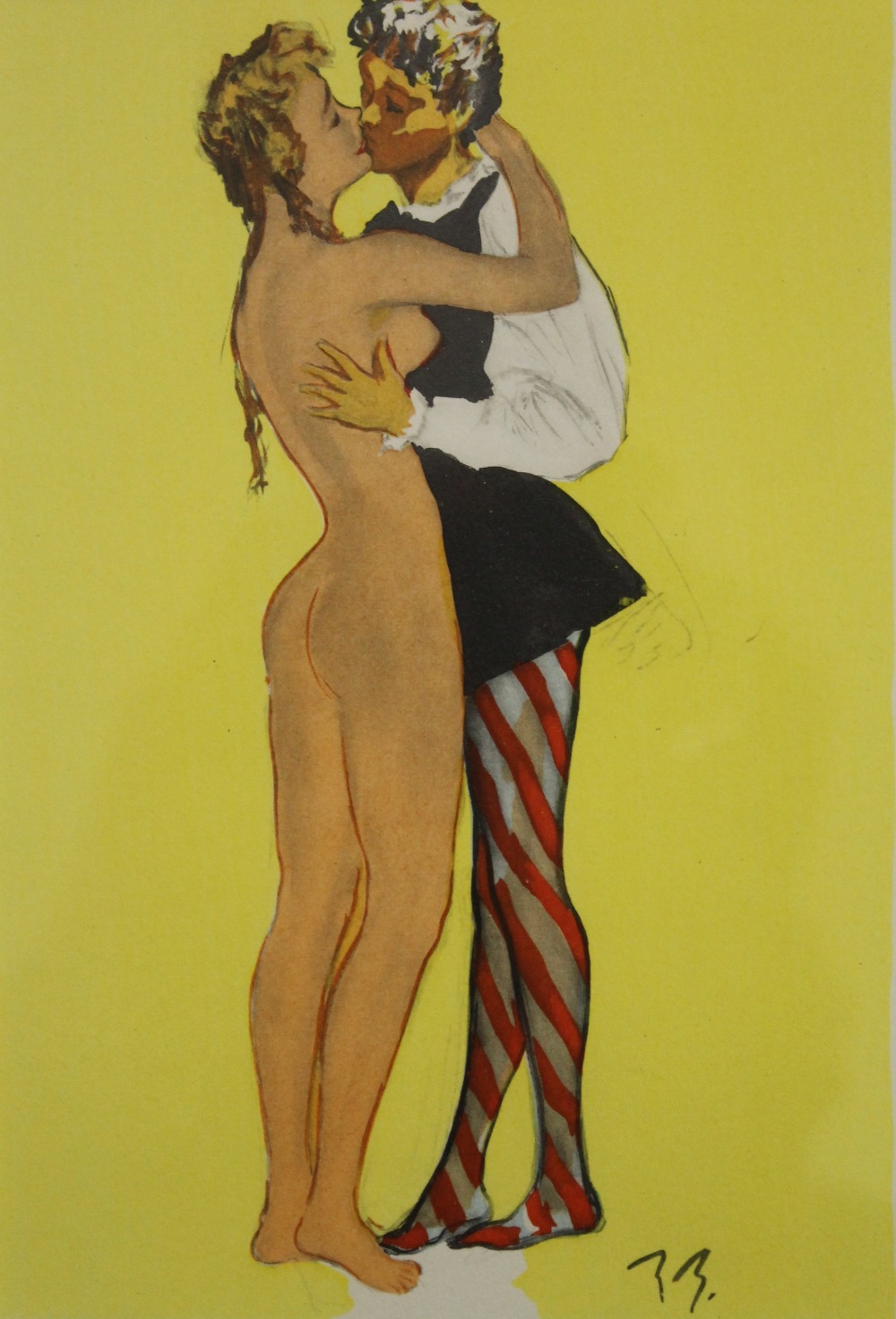 A 1950s lithograph, The Kiss, framed and glazed. 11.5 x 16.5 cm. - Image 2 of 3