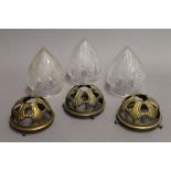 Three cut glass hanging lights, each with brass gallery. 17 cm high.