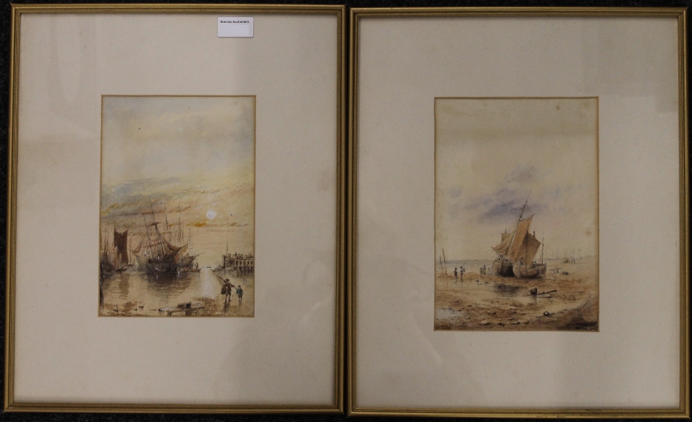 Boats on a Beach and a Harbour Scene, watercolours, both signed with initials J.