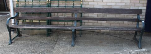 A Victorian cast iron railway platform bench, stamped 'GW'. 300 cm long.