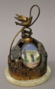 A 19th century French counter top bell set with Parisian views. 13 cm high.