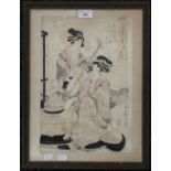 An early 19th century Japanese wood block depicting two ladies, one with a stringed instrument,