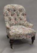 A Victorian button back nursing chair and a pair of early 20th century dining chairs.