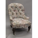 A Victorian button back nursing chair and a pair of early 20th century dining chairs.
