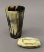 A 19th century horn beaker with glass base and a 19th century horn snuff box with engraving,