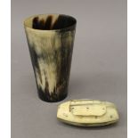 A 19th century horn beaker with glass base and a 19th century horn snuff box with engraving,