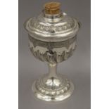 A Walker & Hall silver plated oil lamp base. 28 cm high.