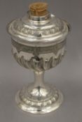 A Walker & Hall silver plated oil lamp base. 28 cm high.