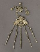 A Chinese white metal butterfly chatelaine.