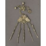 A Chinese white metal butterfly chatelaine.