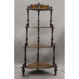 A Victorian inlaid walnut whatnot, an Edwardian sewing box and four chairs. The former 133 cm high.