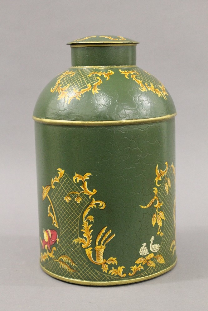 A pair of green toleware tea tins. 36 cm high. - Image 3 of 3