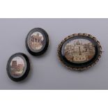 A Victorian micro mosaic brooch/pendant and a pair of micro mosaic studs. The former 3 cm wide.