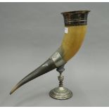An early 20th century silver plate mounted horn cornucopia, engraved for the Ipswich Fencing Club.