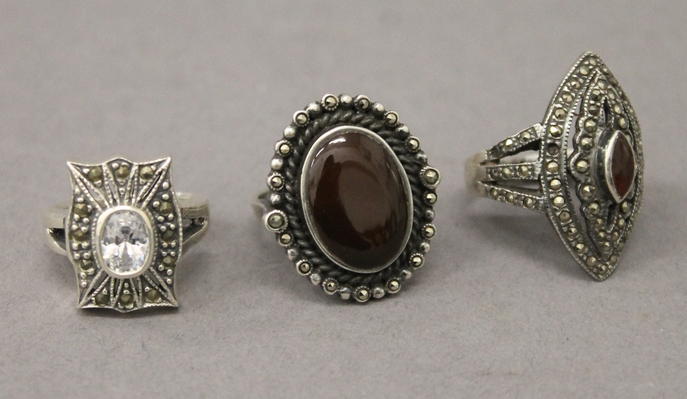 Three silver marcasite rings. Ring sizes - O/P, P/Q and P/Q.