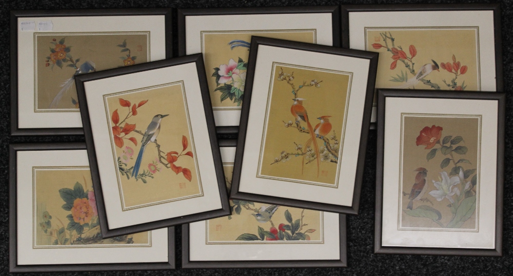 A set of eight painted Chinese textile panels, each framed and glazed. Each approximately 19 x 13.