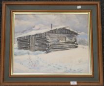 KEN SOWELL, North American Cabin, oil on canvas, framed. 49 x 39 cm.