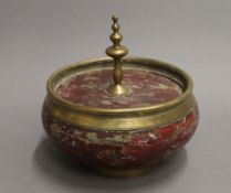 A 19th century Eastern brass mounted painted wooden bowl and cover. 20 cm diameter.