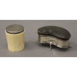 A silver crescent shaped pin cushion, together with a Victorian silver and ivory container.