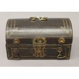 An Antique, possibly 17th/18th century leather clad casket with silk interior. 21.5 cm wide.