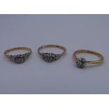 Three 18 ct gold and platinum diamond rings. 5.4 grammes total weight. Ring sizes: I/J, G/H and N.