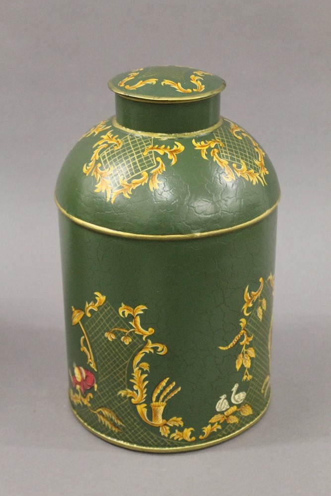 A pair of green toleware tea tins. 36 cm high. - Image 2 of 3
