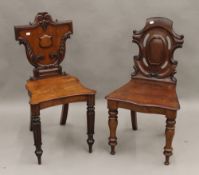 Two 19th century mahogany hall chairs. The largest 47 cm wide.