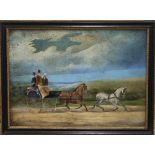 An antique oil on board, Horse and Trap with Passengers, framed. 39 x 28 cm.