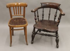 A 19th century smokers bow armchair and a bentwood chair. The former 63 cm wide.