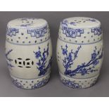 A pair of Chinese porcelain blue and white barrel seats. 45 cm high.