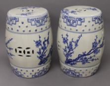 A pair of Chinese porcelain blue and white barrel seats. 45 cm high.