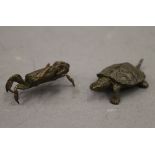A small bronze model of a crab and a small bronze model of a turtle. The former 4.5 cm wide.