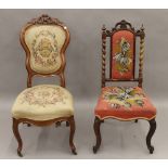 Two Victorian tapestry covered chairs.