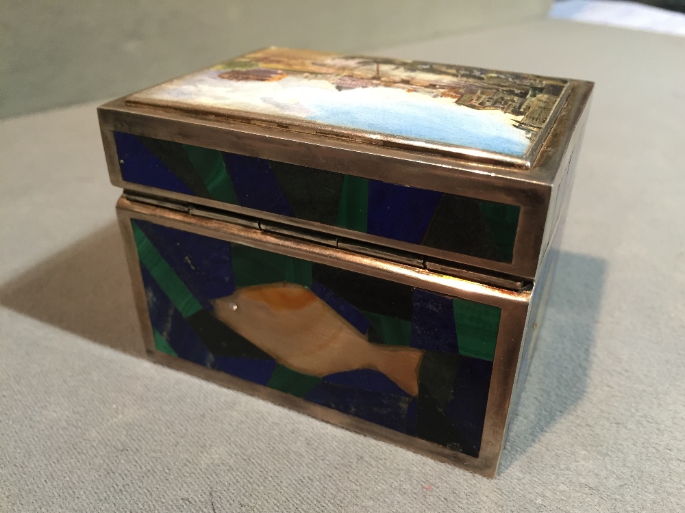 A Russian silver malachite, lapis and agate inset box, the hinged lid painted with a river scene, - Image 4 of 8