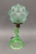 An Art Deco Walther & Sohne peach glass table lamp. 40 cm high.