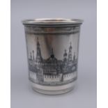 A Russian silver and niello vodka tot. 5 cm high.