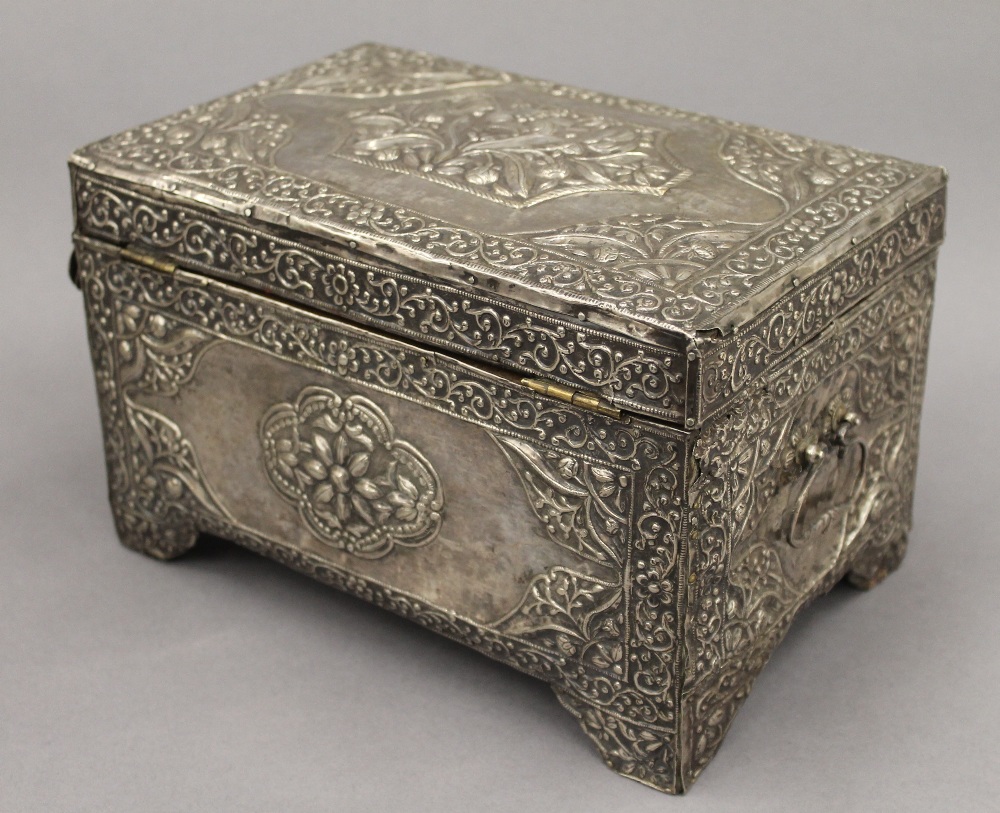An 18th/19th century Eastern, probably Persian unmarked silver clad casket. 25 cm wide. - Image 7 of 9