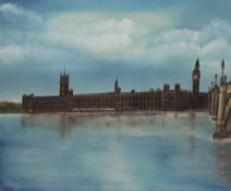 Houses of Parliament, oil on canvas, signed CASH. 60.5 x 50.5 cm.