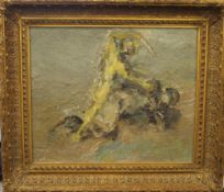 Modernist oil on canvas laid on board, Two Figures Fighting, the reverse inscribed T Felcey, framed.