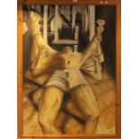 A Contemporary oil on canvas, The Bench Press, initials SAB, framed. 89 x 124 cm.