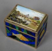 A Russian silver malachite, lapis and agate inset box, the hinged lid painted with a river scene,