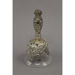A silver handled glass bell. 13.5 cm high.
