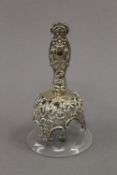 A silver handled glass bell. 13.5 cm high.