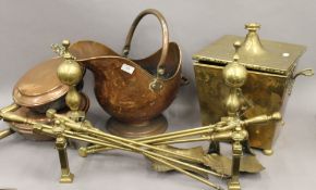 A quantity of brass fire irons, copper coal scuttle and a brass coal box, etc.