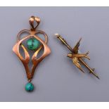 A 9 ct gold turquoise set Art Nouveau pendant (2.