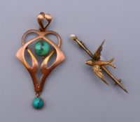 A 9 ct gold turquoise set Art Nouveau pendant (2.