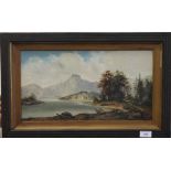 SCOTTISH SCHOOL, Loch View with Mountains Beyond, oil on board, monogrammed, framed. 44 x 23.5 cm.
