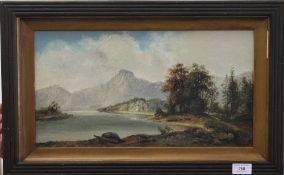 SCOTTISH SCHOOL, Loch View with Mountains Beyond, oil on board, monogrammed, framed. 44 x 23.5 cm.